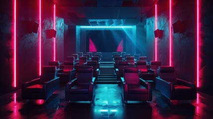 Modern Neon Lit Theater Room with Comfortable Reclining Chairs in Dark Atmosphere