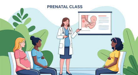 Adobe illustrator artwork vector illustration. A female doctor in a white coat gives a presentation on fetal development to a group of pregnant women. The slide shows a fetus