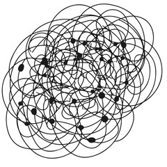 Black circular lines intersect with black dots on a white background, creating a complex pattern