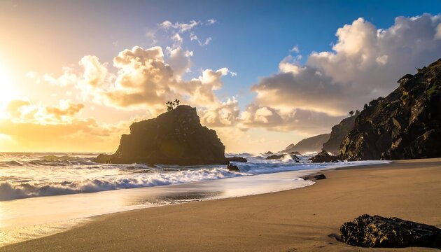 Coastal sunrise with dramatic rocks and waves - Powered by Adobe