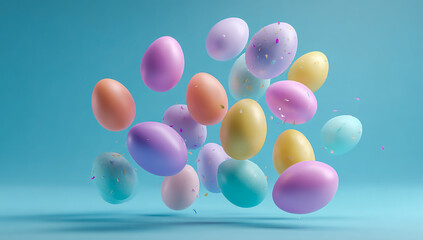 Colorful  eggs floating in the air against a soft blue background