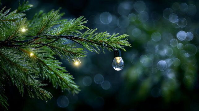 Fresh pine branch with raindrop and fairy lights in dark background  Christmas Garland - Powered by Adobe