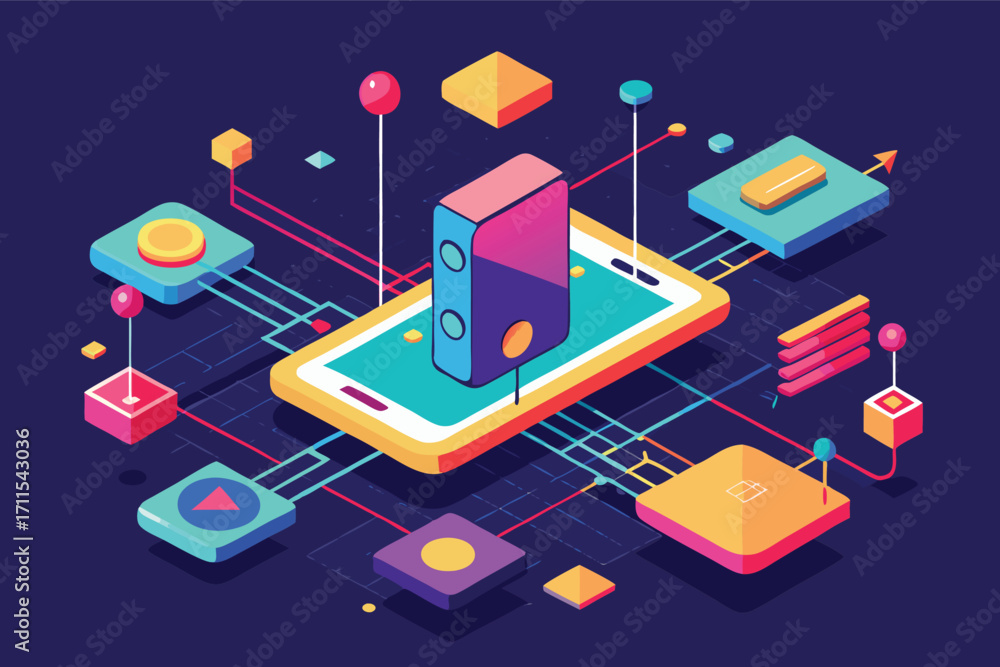 Poster digital technology concepts showing smartphone interaction with various colorful geometric shapes