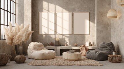 Modern Neutral Living Room Interior with Bean Bag Chairs and Natural Decor