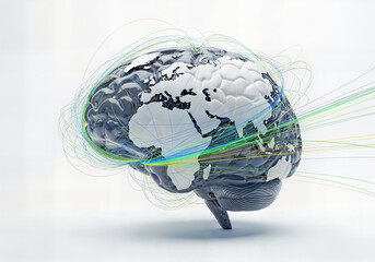 Abstract visualization of a human brain with a world map overlay and swirling digital data streams, representing global connectivity and artificial intelligence, isolated on white background