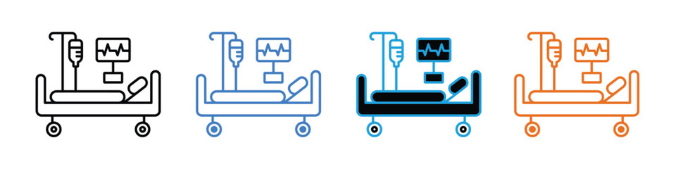 Intensive care linear icon vector. Critical care medicine, hospital bed, IV drip, and vital signs monitor symbol. vector illustration.