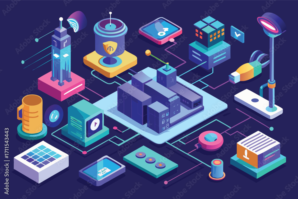 Poster exploring a futuristic smart city layout with varied technology elements and connections