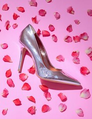 Silver high heels with pink petals background