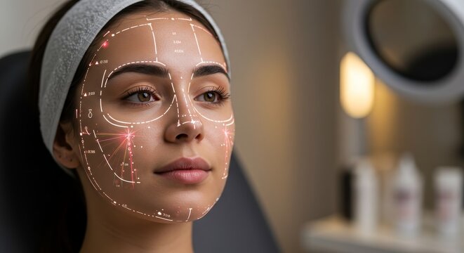 Young woman receives facial scanning for advanced skin analysis and treatment
