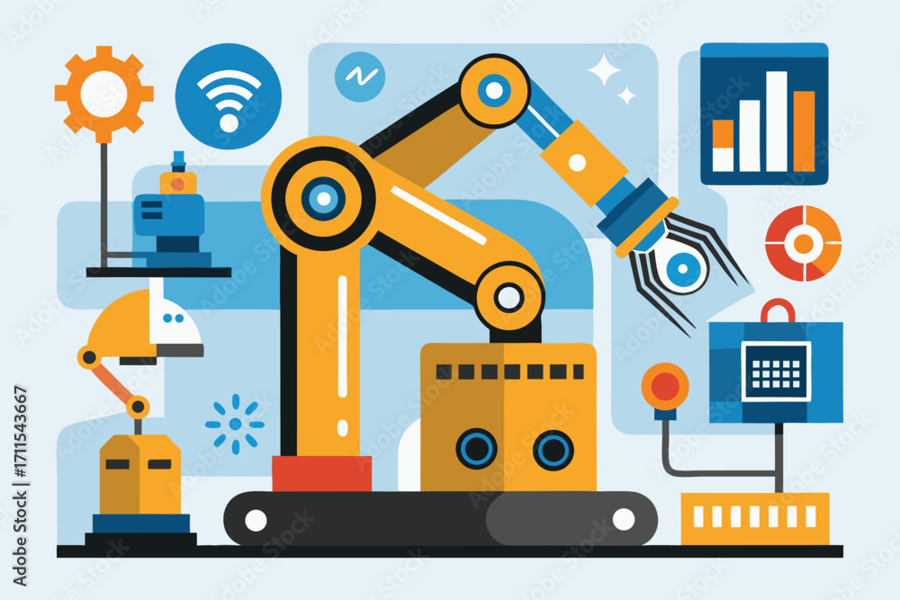 Poster innovative robotic arm design with various technological elements in a modern workspace