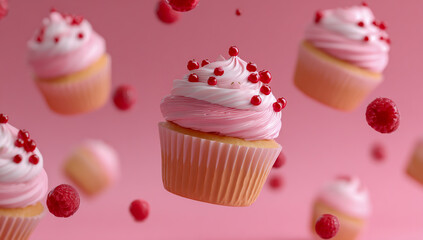 Delicious pink frosted cupcakes with red berries floating in the air against a pink background