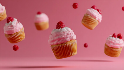 Delicious pink frosted cupcakes with raspberries floating against a vibrant pink background
