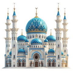 Obraz premium A beautiful mosque with blue domes and white walls isolated on transparent background, a stunning architectural masterpiece