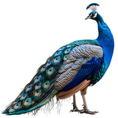 Obraz premium Majestic peacock isolated on transparent background, showcasing its vibrant blue plumage and intricate tail feathers
