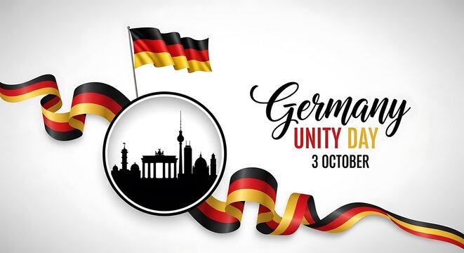 Celebrate German Unity Day on October 3rd with this vibrant illustration featuring the iconic Berlin skyline and the national flag waving proudly, perfect for cultural celebrations and events