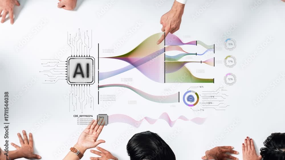 Poster A diverse team collaborates over artificial intelligence graphics, analyzing data trends and insights in a modern workspace to drive innovation and business success. Raster