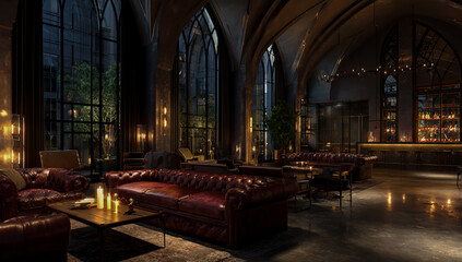 Elegant and dimly lit lounge with plush seating and tall gothic windows