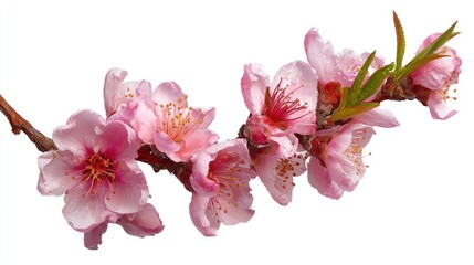Delicate pink blossoms on branch, dew drops