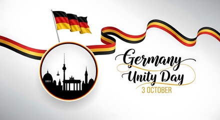 Celebrate Germany Unity Day with this vibrant flag waving over the iconic Berlin skyline in a modern, festive design perfect for social media and digital marketing campaigns