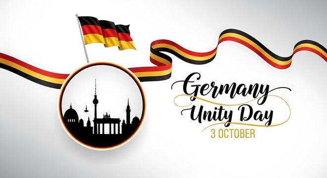 Celebrate Germany Unity Day with this vibrant flag waving over the iconic Berlin skyline in a modern, festive design perfect for social media and digital marketing campaigns