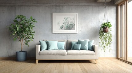 Modern Neutral Living Room Sofa with Green Plants and Artwork