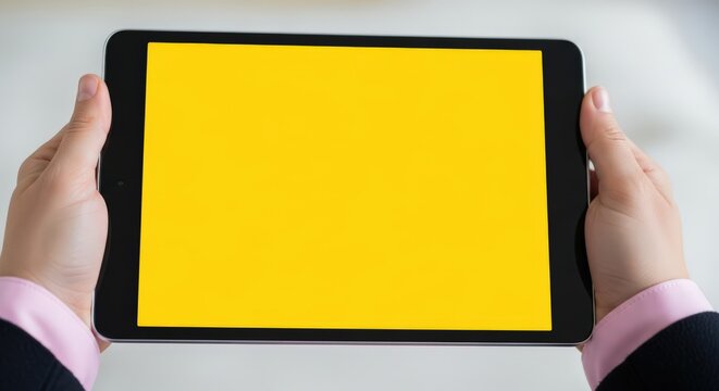 Hands holding a tablet with a vibrant yellow screen displaying digital content or a blank interface - Powered by Adobe