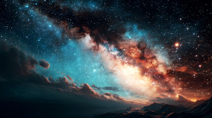 Fototapeta premium Mountain Night Sky Landscape with Milky Way and Cloud Sea Intertwined: Cosmic Wonder Under Dazzling Starlight