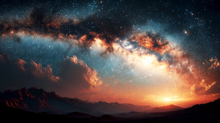 Naklejka premium Dazzling Milky Way Landscape in Mountain Night Sky: Natural Wonder with Nebula and Starlight Reflecting Each Other