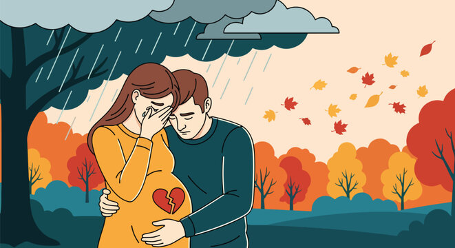 Adobe illustrator artwork vector illustration. A grieving couple sits on a park bench under a stormy sky with falling leaves, symbolizing miscarriage or infertility