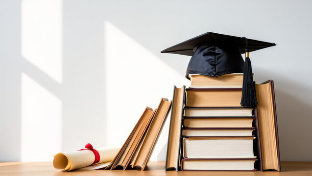 Stack of books with a black cap on top - Powered by Adobe