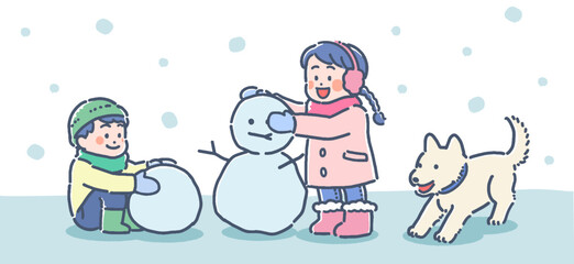 雪遊びする子供たちと犬のイラスト

