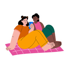 A flat style illustration showing friends enjoying picnic 
