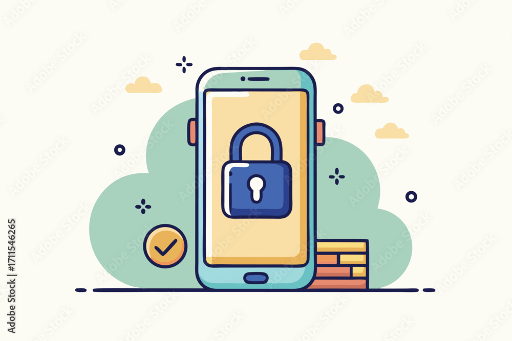Poster mobile phone display with a padlock symbol indicating security and privacy features