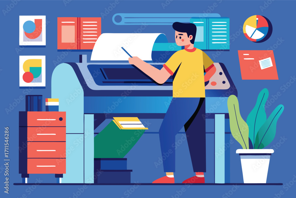 Poster person operating a large printer in a modern office space surrounded by colorful graphics