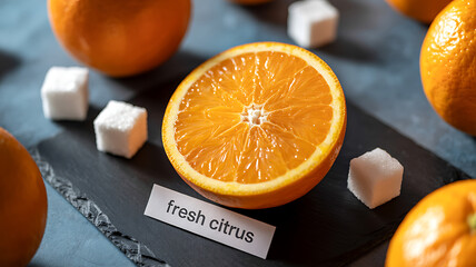 Fresh sliced orange citrus fruit with sugar cubes on dark background