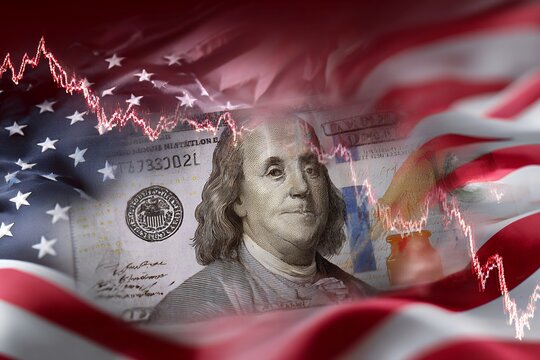Us economic decline: american flag and dollar bill with stock market downtrend - Powered by Adobe