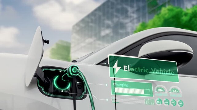 EV car plug in with charging station to recharge electricity from EV charger display battery status hologram in green park as futuristic eco lifestyle in city and utilization of clean energy. Peruse