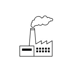 Outlined factory icon with smokestack emitting fluffy cloud on white background
