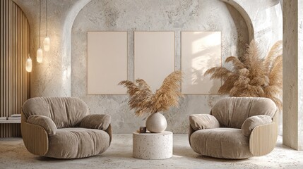 Modern Neutral Living Room with Beige Armchairs and Decorative Pampas Grass