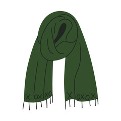 Flat cartoon vector illustration of cozy long green scarf, autumn and winter accessory. Warm wool clothing item for Christmas outfit, seasonal fashion, comfort, holiday and festive wardrobe