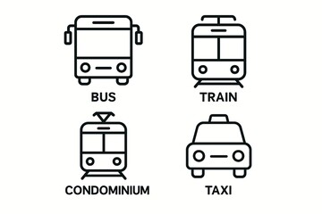 Comprehensive collection of minimalist line art icons representing diverse urban transportation methods, including bus, train, streetcar, and taxi, for modern mobility concepts and design projects