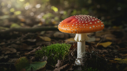 Red poisonous mushroom amanita muscaria in forest with sunlight and autumn leaves