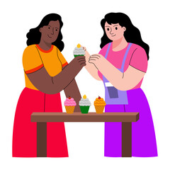 Flat style illustration showing friends decorating cupcakes 
