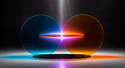 Two luminous, circular discs with glowing cores intersect, emitting vibrant purple and orange light, creating a mesmerizing and energetic visual