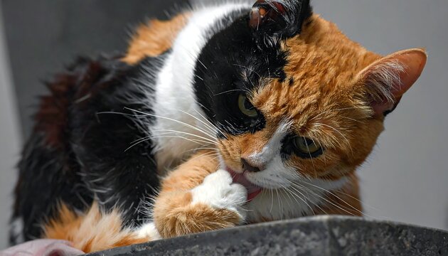 Close-up of a calico cat grooming