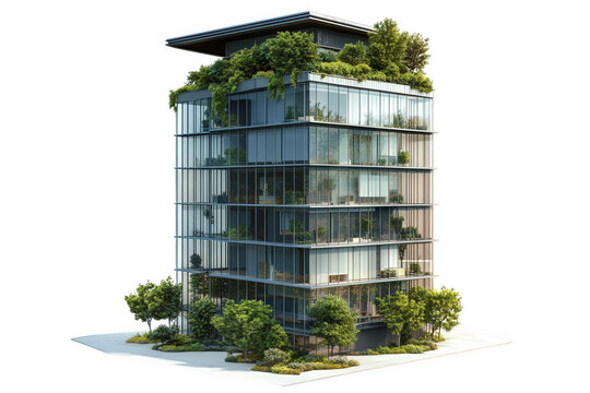 Modern green building isolated on transparent background eco architecture with plants and trees sustainable and ecological design urban landscape facade with greenery