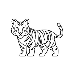Illustration of a tiger standing isolated on white background in a simple line drawing style