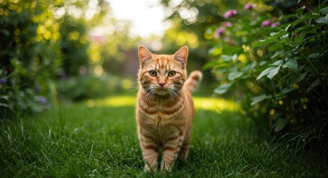 Ginger tabby cat standing in a lush green garden.