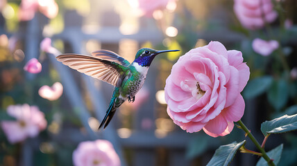 Colorful hummingbird flying near pink rose in garden with sunlight
