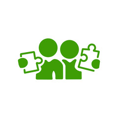Teamwork with puzzle pieces icon / パズルのピースを持つ2人のチームワークアイコン	
